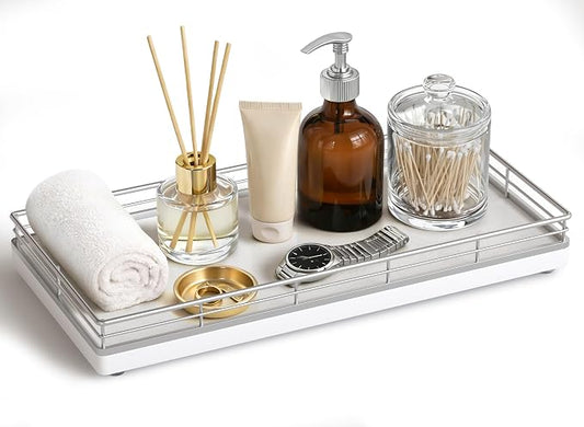 Bathroom Vanity Tray for Countertop, 12" x 6" Oak Wood Toilet Tank Tray with Metal Guardrail, Bathroom Organizer for Soap, Perfume & Skincare, Non-Slip Decorative Tray for Dresser, Sliver & White