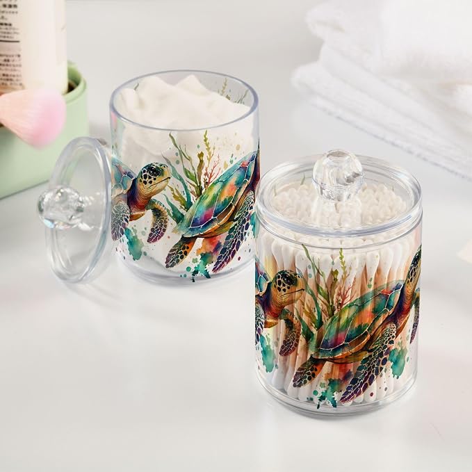 2 Pack Qtip Holder Dispenser for Cotton Ball, Swab, Round Pads - Turtle Watercolor Clear Plastic Acrylic Jar Set Bathroom Canister
