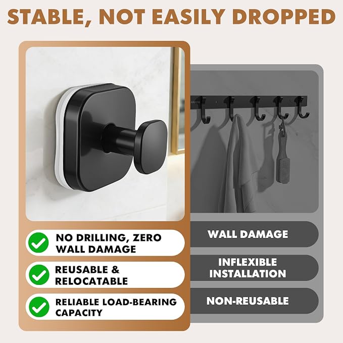 Suction Cup Hooks for Shower, Stainless Steel Bathroom Suction Hooks No Drilling, Heavy Duty Suction Cup Hooks for Towel Robe Loofah, Glass Tile Mirror (4Pack Black)