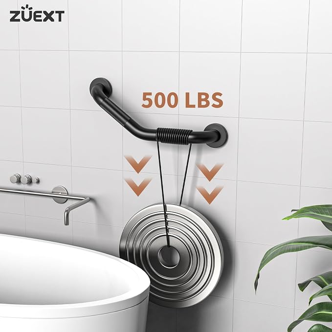 16 Inch Angled Grab Bar, ZUEXT Anti Slip Black Shower Grab Bar Handles, Stainless Steel Knurled Bathroom Balance Bar, Safety Hand Rail Support,Handicap Elderly Injury Senior Assist Bath Handle