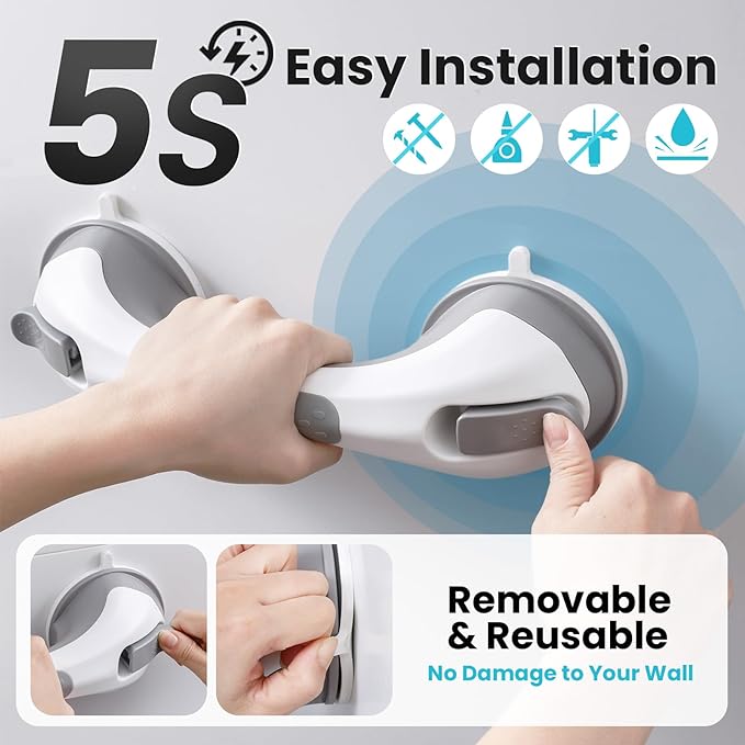 TAILI Shower Grab Bar, 12 Inch Shower Handle for Bathtubs and Elderly, Suction Grab Bars for Seniors Bathroom Safety Handles for Elderly, No Drilling Removable,Grey,G9