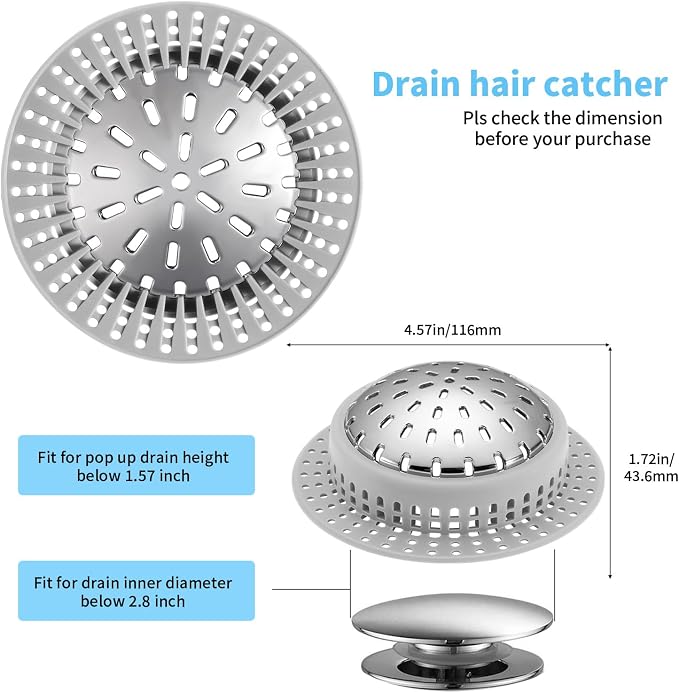Aluvor Bathtub Drain Hair Catcher Shower Drain Cover Sink Drain Protector | Bathroom Sink & Bathtub Drain Strainer for Pop-Up & Regular Drains, Silver Grey
