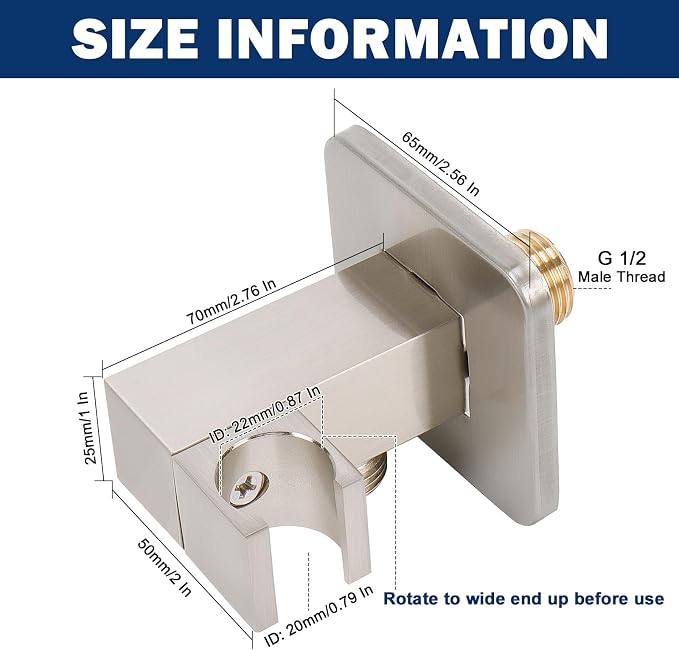 NearMoon Wall Supply Elbow with Handheld Shower Holder - Square Shower Bracket with Flange G1/2 Shower Hose Connector, Wall Mounted Drop Union Male Water Outlet (Brushed Nickel)