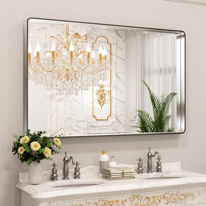 LOAAO 50X30 Inch Brushed Nickel Bathroom Mirror, Rounded Rectangle Silver Metal Frame Mirror, Brushed Nickel, Anti-Rust, Shatter Proof, Hangs Horizontally or Vertically | Rounded Rectangle, Silver Metal Frame, Anti-Rust, Tempered Glass, Hangs Horizonta...