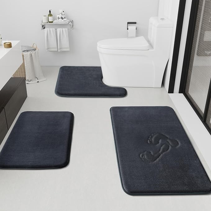 Bathroom Rugs Sets 3 Piece, Non-Slip & Quick Dry Bath Mat Set, Ultra Soft Velvet Bath Rugs for Bathroom, Toilet and Shower Floor, Dark Grey