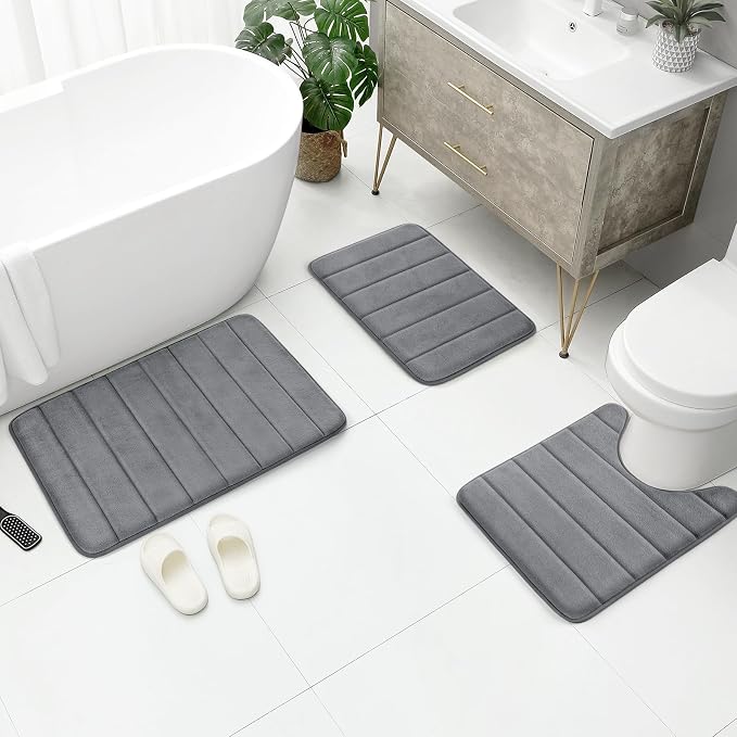 BYSURE Dark Grey Memory Foam Bath Mats Extra Long | Non Slip Extra Soft Absorbent Machine WashableToilet Bathroom Rug Set 3 Piece 20"x32"+24"x44"+U Shape 20"x24"
