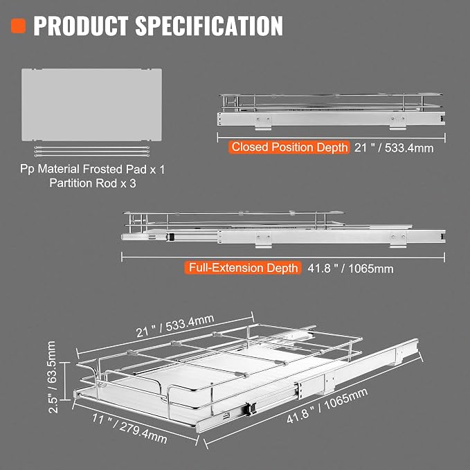 VEVOR 12.5"Wx21"Dx3.5"H Pull Out Cabinet Organizer, Heavy Duty Slide Out Pantry Shelves, Chrome-Plated Steel Roll Out Drawer, Drawer Storage for Home Under Sink, 14"Wx22"Dx7"H Install Size for Cabinet
