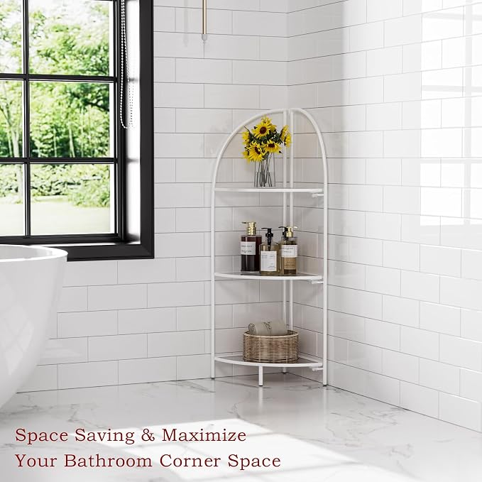 Crofy Foldable 3 Tier Corner Shelf, Metal Corner Plant Stand with White Frame and Transparent Shelves, Corner Display Rack Multipurpose Shelving Unit for Living Room, Bedroom, Bathroom