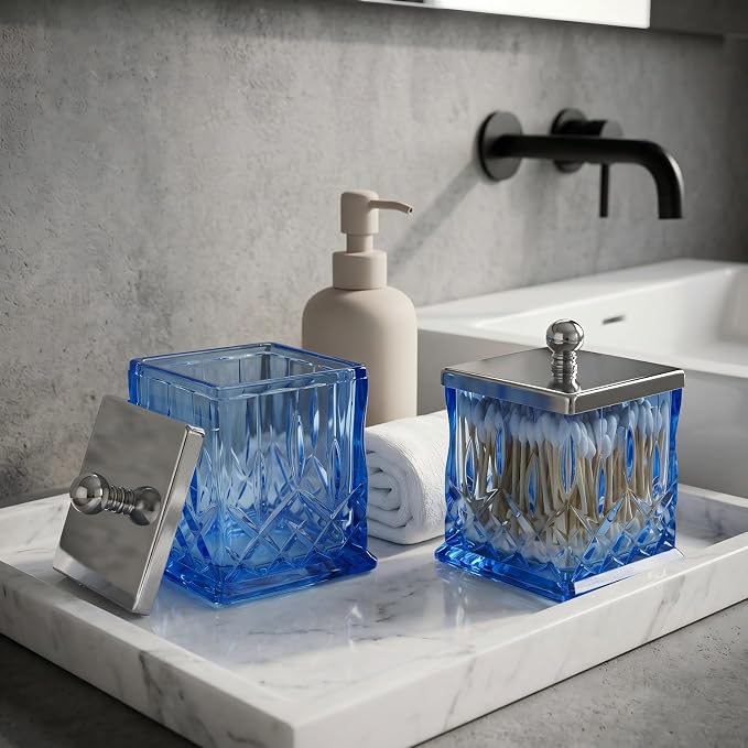 2 Pack Glass Qtip Holder Dispenser Set, Square Bathroom Apothecary Jars with Silver Lid for Cotton Swabs, Balls, Pads, Floss Picks, Vanity Storage Container for Makeup, Candy, Jewelry(15 Oz, Blue)