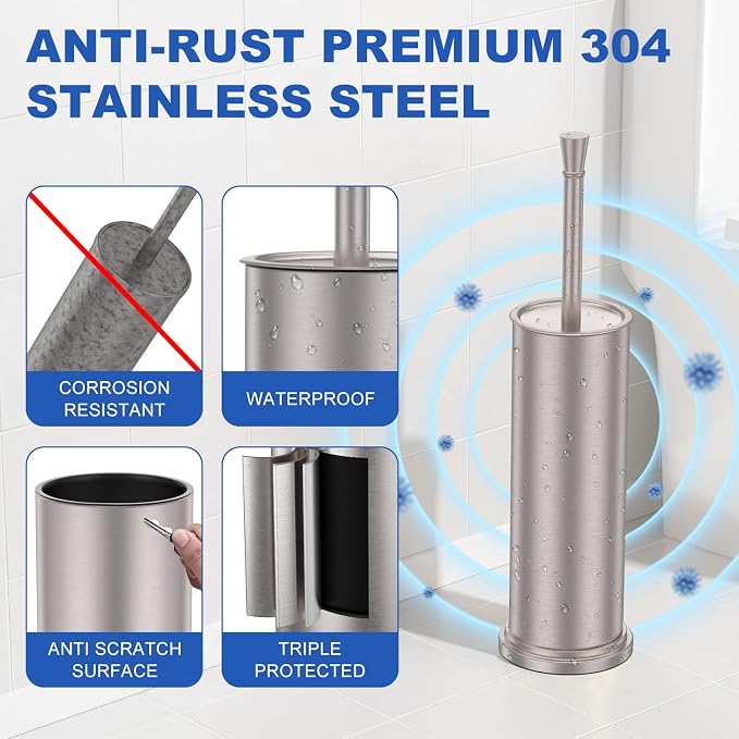 304 Stainless Steel Heavy Duty Toilet Bowl Brush，Removable Inner Bowl and Splash Protection，Bathroom Toilet Brush-Dense Bristles for Through Cleaning
