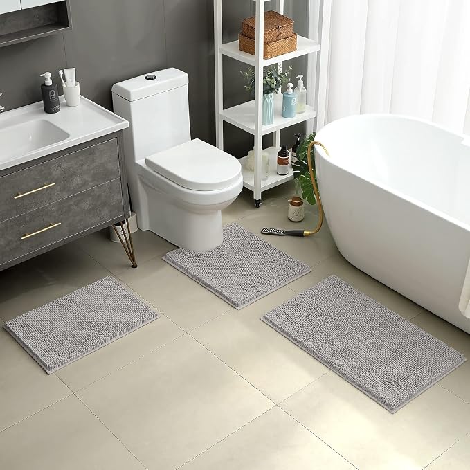 HOMEIDEAS Light Grey Chenille Bathroom Rugs Set of 3, Non Slip Bath Mat | Super Absorbent, Soft Microfiber, Machine Washable, Stain Resistant, for Bathroom Decor