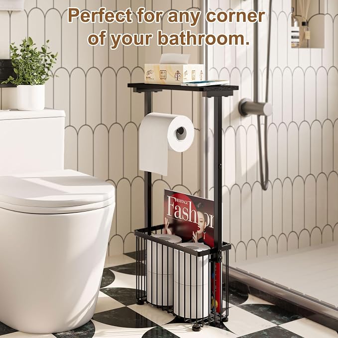 Free Standing Toilet Paper Holder with Storage Shelf – Bathroom Tissue Stand with Space for Phone, Wet Wipes and Magazines – All-in-One Toilet Roll Dispenser and Organizer Holds 4-6 Rolls