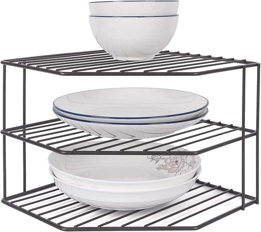 Cabinet Shelf Organizer - Corner Shelf Counter and Cabinet Organizer -Countertop Storage - Cabinet Corner Rack for Plate - Cabinet & Pantry Kitchen Shelf (Black)