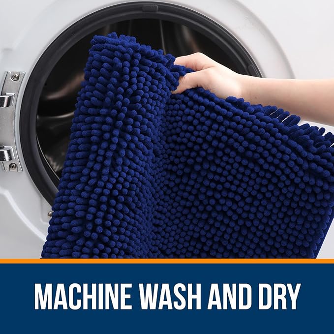 OLANLY Chenille Bathroom Rugs Mats Sets 2 Piece, 59"x20"+30"x20", Navy | Ultra Soft Absorbent Bath Rugs Set, Rubber Backing Non-Slip, Quick Dry, Machine Washable Bath Carpet, Home Decor Accessories