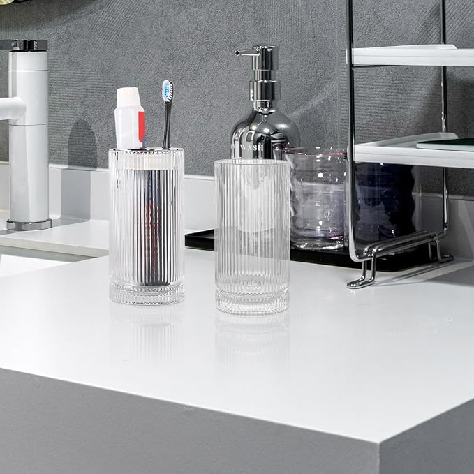 Toothbrush Holders for Bathrooms, 2pcs Clear Glass Toothbrush Holder, 14oz Bathroom Tumbler and Mouthwash Cup, Silver Tooth Brush and Toothpaste Organizer for Bathroom Vanity Countertop Decor