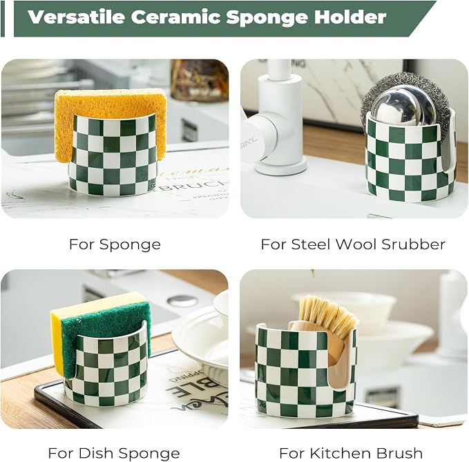 Zoeeker Ceramic Kitchen Sponge Holder, Dish Sponge Holder Suitable for Scrubby Farmhouse Drying Rack Brush Holder for Christmas Bathroom, Kitchen, Sink, Green and White