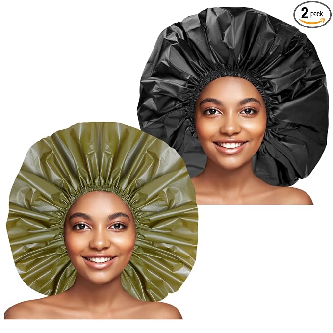 Super Jumbo Shower Cap for Women, 2 PCS Waterproof Hair Caps for Locs | Extra Large, Double Side Reusable PEVA Bath Cap, Washable, Holds Long Thick Twist Braid - Black+Green