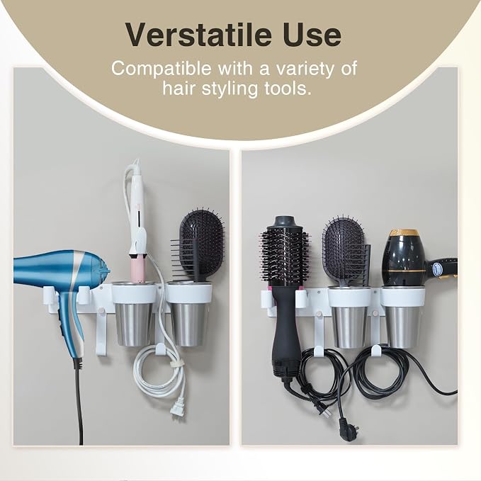 3-in-1 Hair Tool Organzier Wall Mount, Adhesive/Screw Mounting | Hair Dryer Storage Curling Iron & Straightener Holder with Cord Hooks, Vanity Bathroom Organizer, White & Stainless Steel