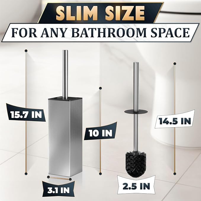 Silver Toilet Brush and Holder Set Stainless Steel – Square Design Toilet Bowl Brush and Holder, Rust, Corrosion & Scratch Resistant with Splash Protection, for Efficient Cleaning and Neat Storage