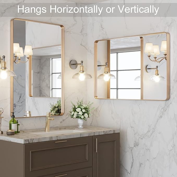 LOAAO 24"X36" Gold Bathroom Mirror | Rounded Rectangle, Brushed Gold Frame, Wall-Mounted, Anti-Rust, Hangs Horizontally or Vertically