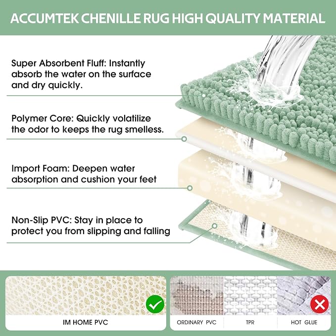 ACCUMTEK Upgrade Extra Large Sage Bathroom Rug Set 3 Pieces Ultra Soft, Thick Absorbent Bath Mats, Non Slip Chenille Toilet Mat for Bathroom, Bedroom, Kitchen, Mint