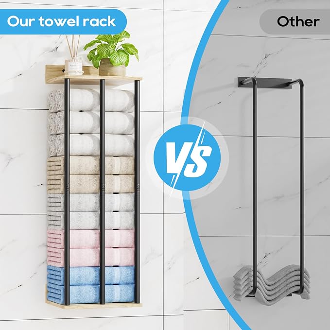 Towel Racks for Bathroom Wall Mounted, 3 Bar Wall Towel Rack | Metal Towel Holder with Wooden Shelf, Sturdy and Large Capacity, Towel Storage Organizer for Rolled Towels