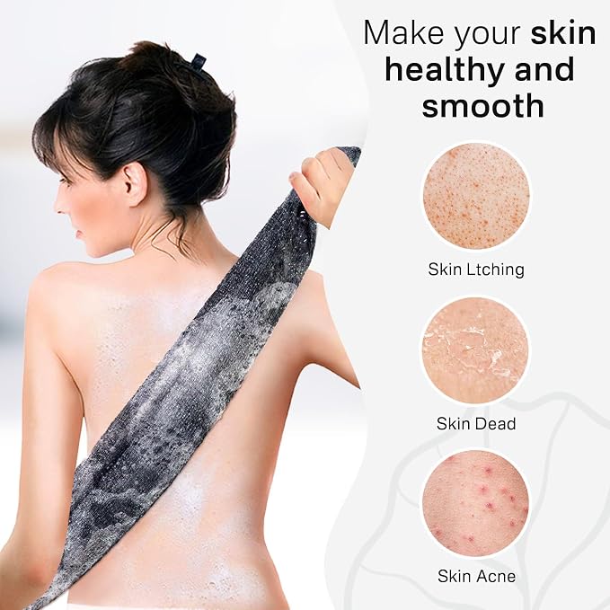Exfoliating Washcloth Towel, Japanese Exfoliating Wash Cloth, Korean Body Scrubber Exfoliator, Back Scrubber Washer for Shower Bath, Body Scrub African Net Sponge Loofah Luffa (Black)
