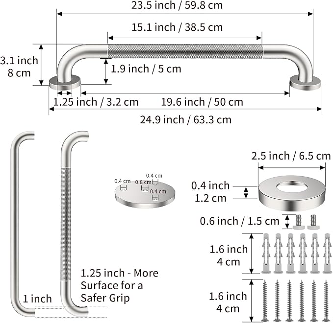 Satin Brushed Nickel Shower Grab Bars 24 Inch w/Anti-Slip knurled Grip, iMomwee Stainless Steel Wall Mount Bathroom Safety Balance Handrail, Handicap Elderly Senior Assist Textured Grab Bar Handle