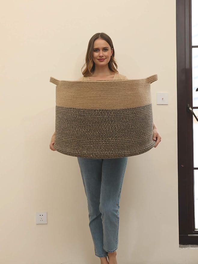 24" x 24" x 17" Max Size Large Cotton Rope Basket, Extra Large Storage Basket, Woven Laundry Hamper, Cloth Storage Bin, for Blankets Clothes Towels Pillows in Living Room, Jute/Black Mix