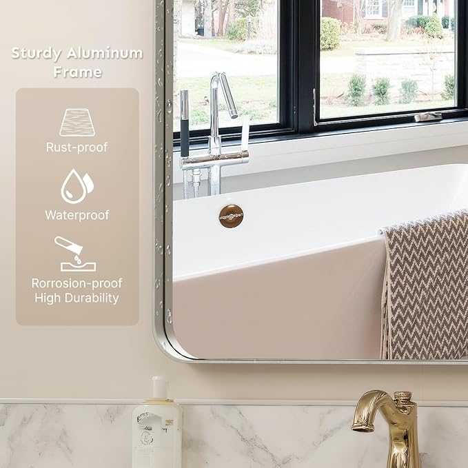 36"x30" Bathroom Vanity Mirror for Wall Aluminum Framed Farmhouse Rectangle | Anti-Rust, HD Reflection Anti-Desilvering, Distortion Free, Tempered and Shatter-Proof Wall Mounted Mirror, Brushed Nickel
