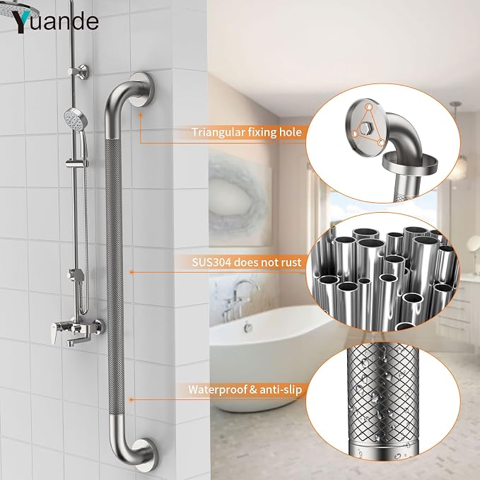 32 Inch Brushed Nickel Grab Bars for Shower with Anti-Slip Knurled Grip,YuanDe Stainless Steel Bathroom Grab Bars, Shower Handrail Support, Handicap Elderly Balance Assist Handles