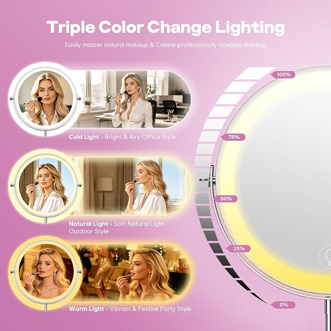 30X Makeup Mirror with Lights, Brightness Adjustable with 3 Colors, Double Sided Magnifying Mirror with 360° Rotation, Lighted Makeup Mirror with Magnification, Ideal Gift for Women -Nickel