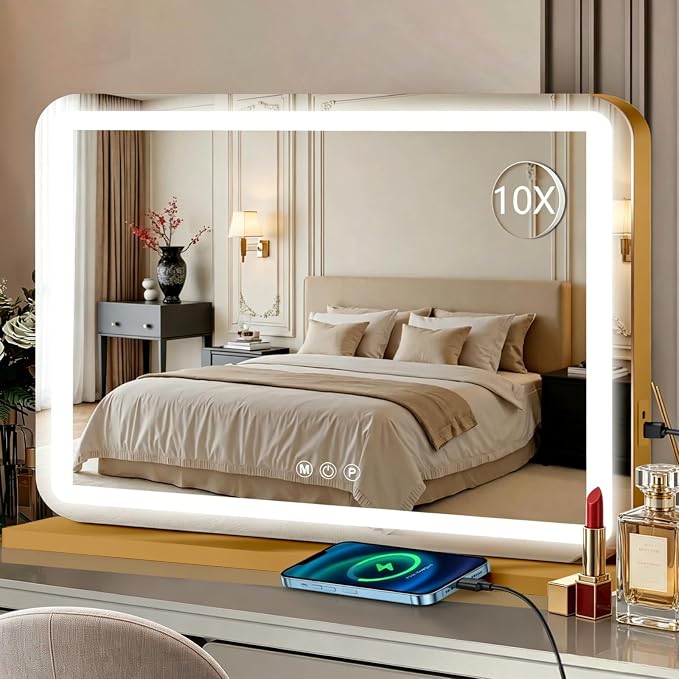 Ratsamee 23"x18" Gold Vanity Mirror with Lights, Led Makeup Mirror, Lighted Makeup Mirror with 3 Color Dimmable Lights, Smart Touch Screen Control, Aluminum Metal Frame,USB Charging Port
