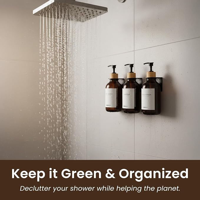MaisoNovo Shampoo and Conditioner Dispenser|Refillable Amber Bamboo 3-Pack | 500 ml Shower Gel Dispenser Set of 3. Refillable Shampoo and Conditioner Bottles. Drill Free Secure Design. Amber Bamboo