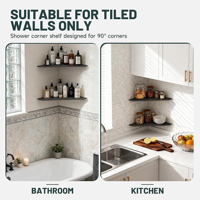 10" Corner Shower Shelf, Recessed Corner Shelves, 304 Stainless Steel Slot Design Bathroom Shower Shelves for Tiled Wall, 2 Pack, Matte Black