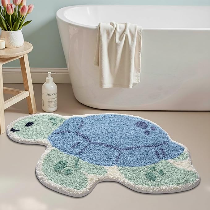 LUMI Cute Animal Bathroom Rugs, Plush Absorbent Bath Mats for Bathroom, Non-Slip Backing Washable Bath Mat, Ideal for Shower Sink Bathtub Room Decor, 24"x40", Blue Sea Turtle