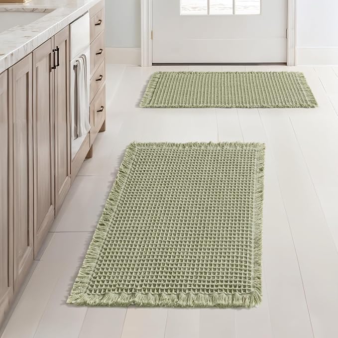 MIULEE Set of 2 Waffle Bathroom Rugs Boho Bath Mat Sage Green 17x24 Inch | Non Slip, Super Absorbent, Washable, Ultra Soft, Rubber Backed, Small Bath Rugs for Bathroom Floor Tub Shower