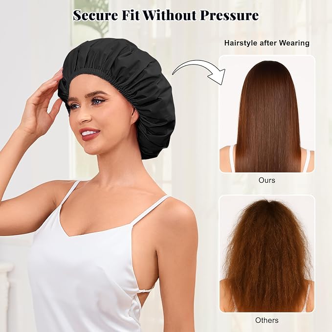 Shower Cap for Women Waterproof Reusable, Large Shower Cap Non-Slip with Elastic Band, Washable Bath Hair Hat for Long Hair, Braids (Black)