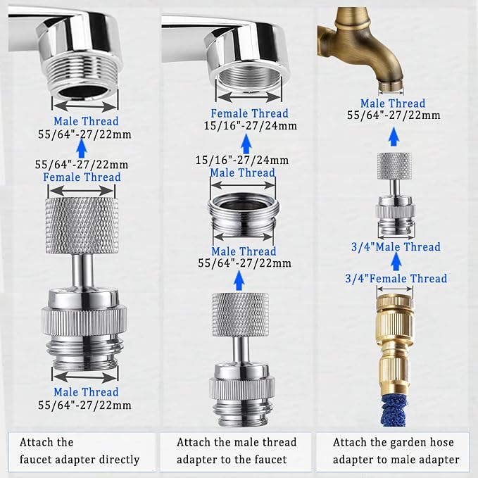 360° Swivel Garden Hose Adapter, Faucet to Hose Adapter with Aerator, Male to Female Sink Adapter for Bathroom, Kitchen, Garden - Multi Thread (Chrome)