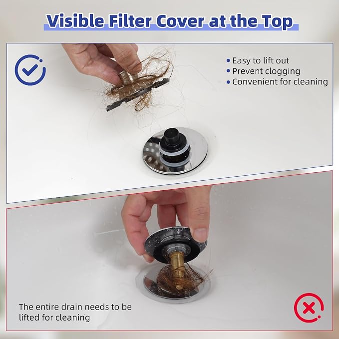 Universal Bathtub Drain Stopper Metal Hair Catcher, Top Strainer, Chrome | Shower Drain Tub Stopper with Stainless Steel Visible Filter Basket, Upgraded 3 in 1 Pop-up Drain Plug for 1.5 to 2.4" Hole
