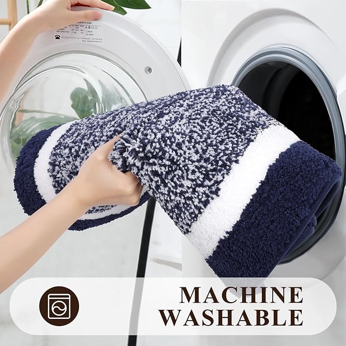 Pauwer Bathroom Rugs 3 Piece Set, Non Slip Washable Bath Mat, Navy | Soft Plush Microfiber, Super Absorbent Floor Carpet, U Shaped Toilet Mats, Quick Dry, Shaggy Shower Rugs Runners