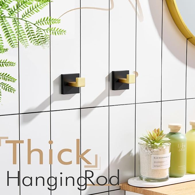 KOKOSIRI Robe Hooks for Bathrooms Towel Hooks Coat Hook Kitchen Garage Heavy Duty Wall Mounted Stainless Steel Brushed Gold and Matte Black, 2 Pack B1010GDK-P2