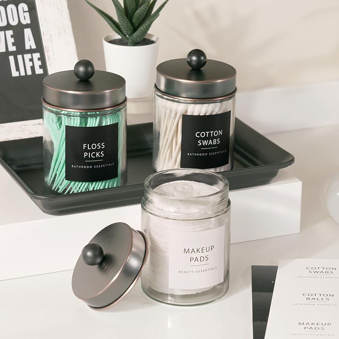SheeChung 2 Pack Glass Qtip Holder with ORB Stainless Steel Lids | Apothecary Jars with Stickers, Modern Farmhouse Bathroom Vanity Organizer for Cotton Swabs, Balls, Pads (Oil Rubbed Bronze)