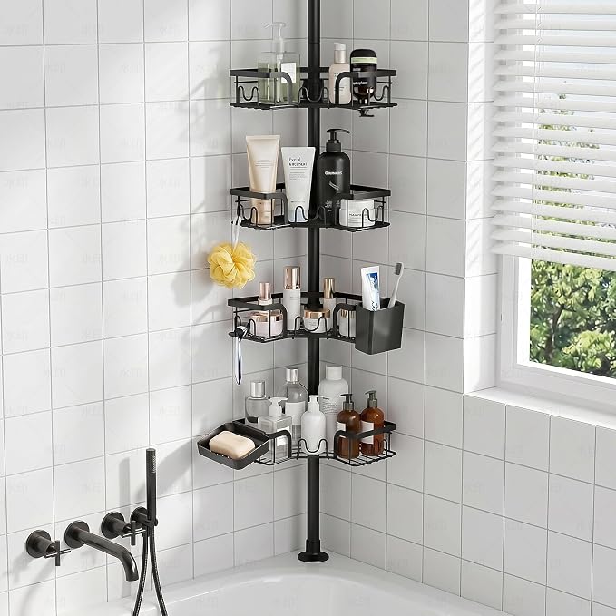 4-Tier Corner Shower Caddy Tension Pole, Floor to Celing Shower Corner Shelf Organizer with Soap Hold No-Drill 23.6-114.5 Inch