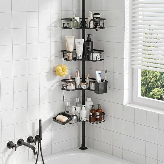 4-Tier Corner Shower Caddy Tension Pole, Floor to Celing Shower Corner Shelf Organizer with Soap Hold No-Drill 23.6-114.5 Inch