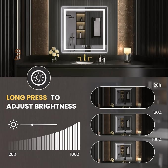 LOAAO 40"X40" LED Bathroom Mirror with Lights, UL Listed | Anti-Fog, Dimmable, 3 Color Temperature, Backlit + Front Lit, Memory Function, Tempered Glass