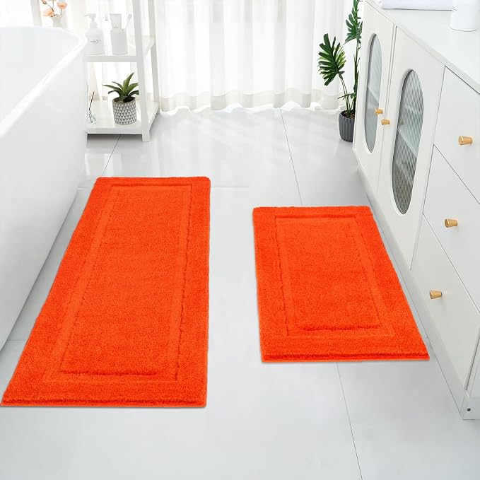 SHACOS Soft Microfiber Bathroom Rugs Set of 2 Pieces, Orange | 47x20 + 32x20, Absorbent Plush Bath Rugs, Non Slip Washable Shaggy Bath Mats, Fluffy Bathroom Runner Floor Mats Shower Rug