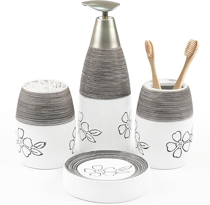 CERBIOR Bathroom Accessories Set,4 PCS Ceramic Bath Accessory,White Flower | Includes Toothbrush Holder, Toothbrush Cup, Soap Dish for Decorative Countertop and Housewarming Gift