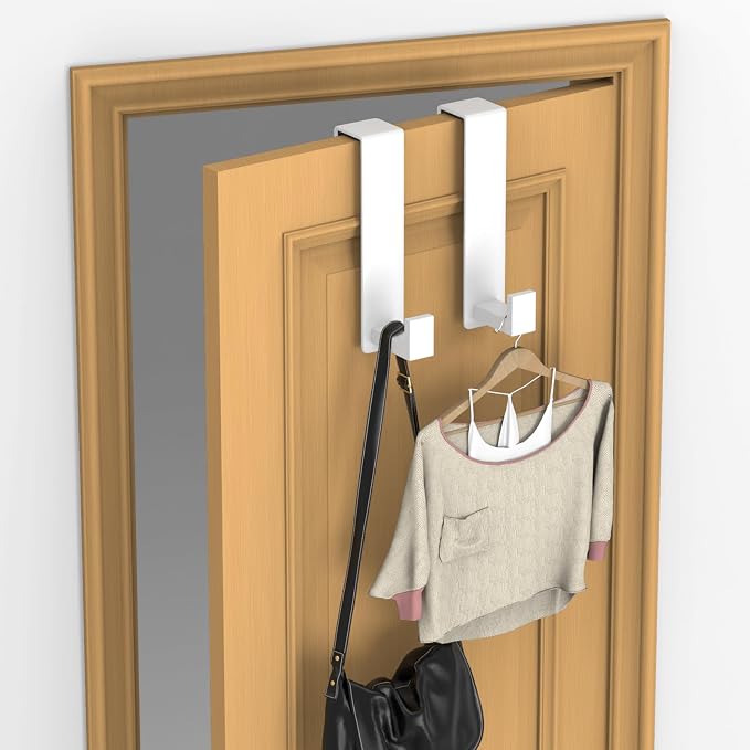 PMMASTO 2-Pack Over The Door Hooks - Rustproof Stainless Steel Door Hangers for 1-3/4 Inch Doors, Non-Marking and Tool-Free Easy Install (White, L Shape-Fits 1-3/4" Thick Door)