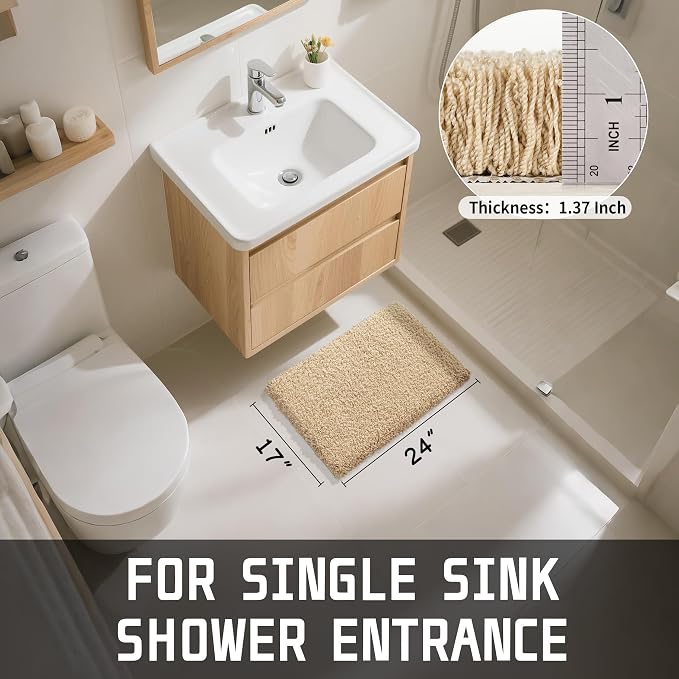 Yimobra Bathroom Rugs Non Slip Washable, Ultra Soft and Water Absorbent Bath Mats, Plush Fluffy Shower Mat Outside, Dries Quickly, Microfiber Thick Matts for Bathroom Floor/Sink, 24X17, Pure Beige